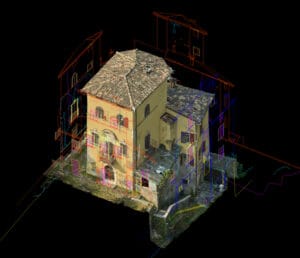 Castello provincia di Trento. Vista nuvola di punti 3D e restituzione CAD